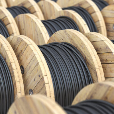 Warehouse with wooden coil  wire electric cable. 3d illustration